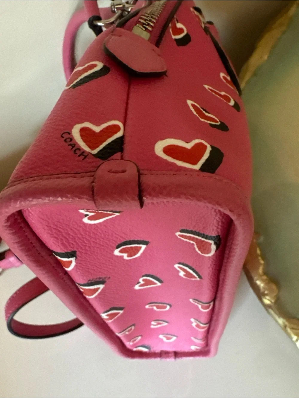 Coach Pink Heart-Print Mini Satchel with Removable Strap